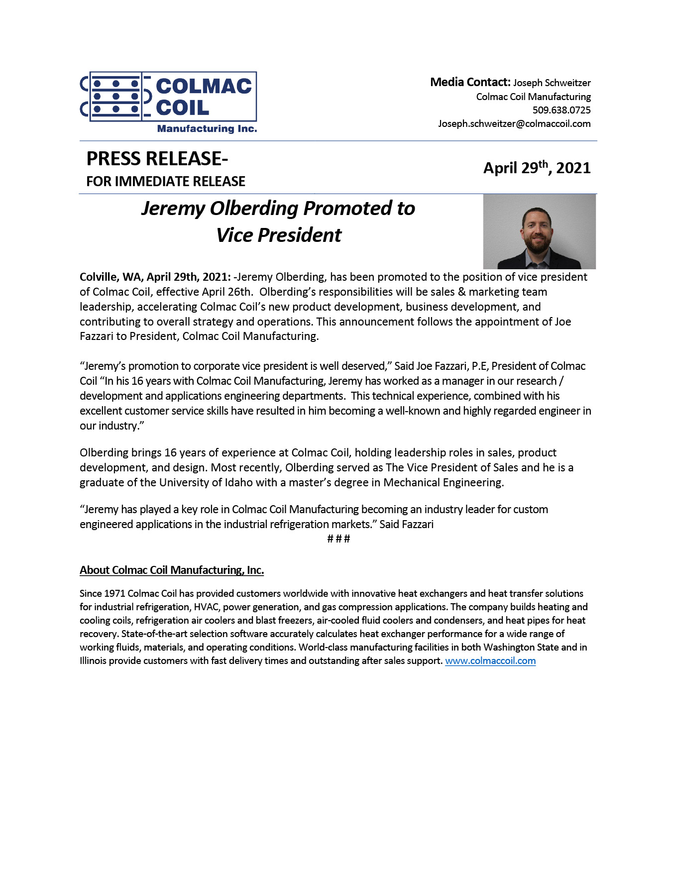 Jeremy Olberding Promoted to Vice President