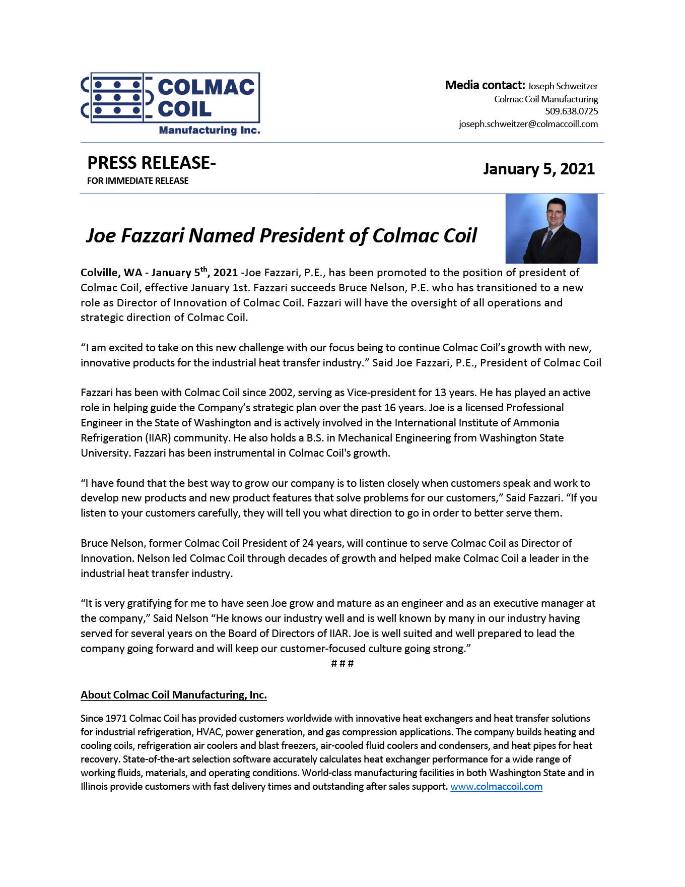 Joe Fazzari Named Colmac Coil President